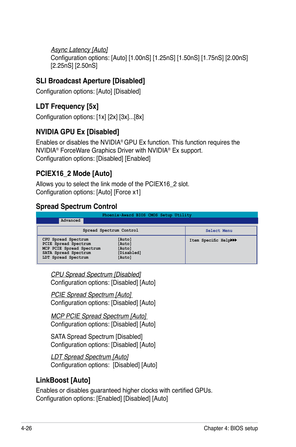 Sli broadcast aperture [disabled, Ldt frequency [5x, Nvidia gpu ex [disabled | Pciex16_2 mode [auto, Linkboost [auto, Spread spectrum control | Asus P5NT WS User Manual | Page 90 / 160
