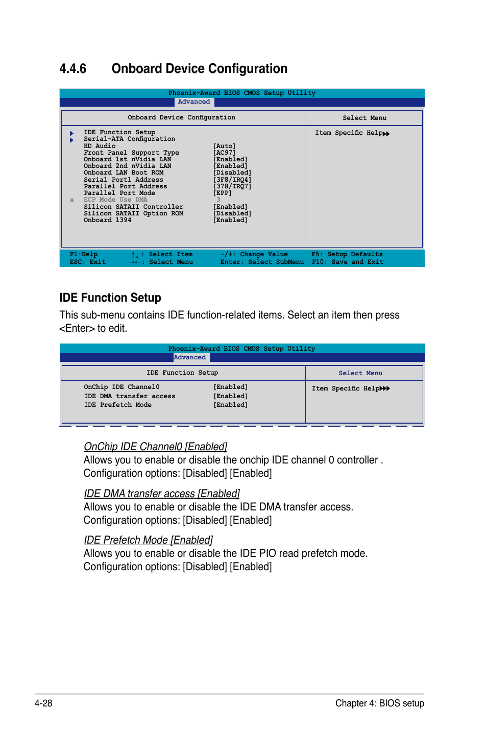 6 onboard device configuration, Ide function setup, 28 chapter 4: bios setup | Asus P5NT WS User Manual | Page 92 / 160