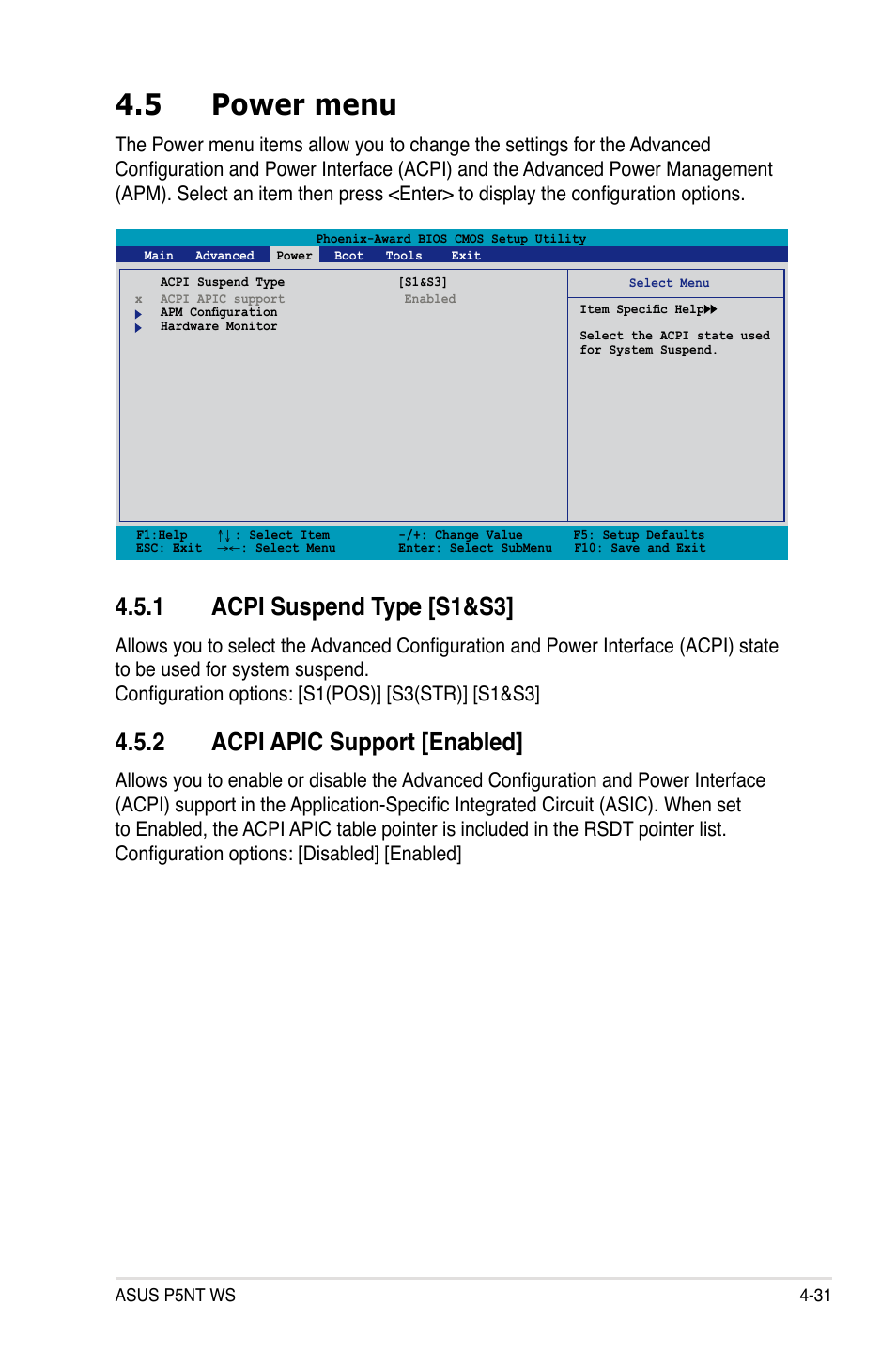 5 power menu, 1 acpi suspend type [s1&s3, 2 acpi apic support [enabled | Asus P5NT WS User Manual | Page 95 / 160