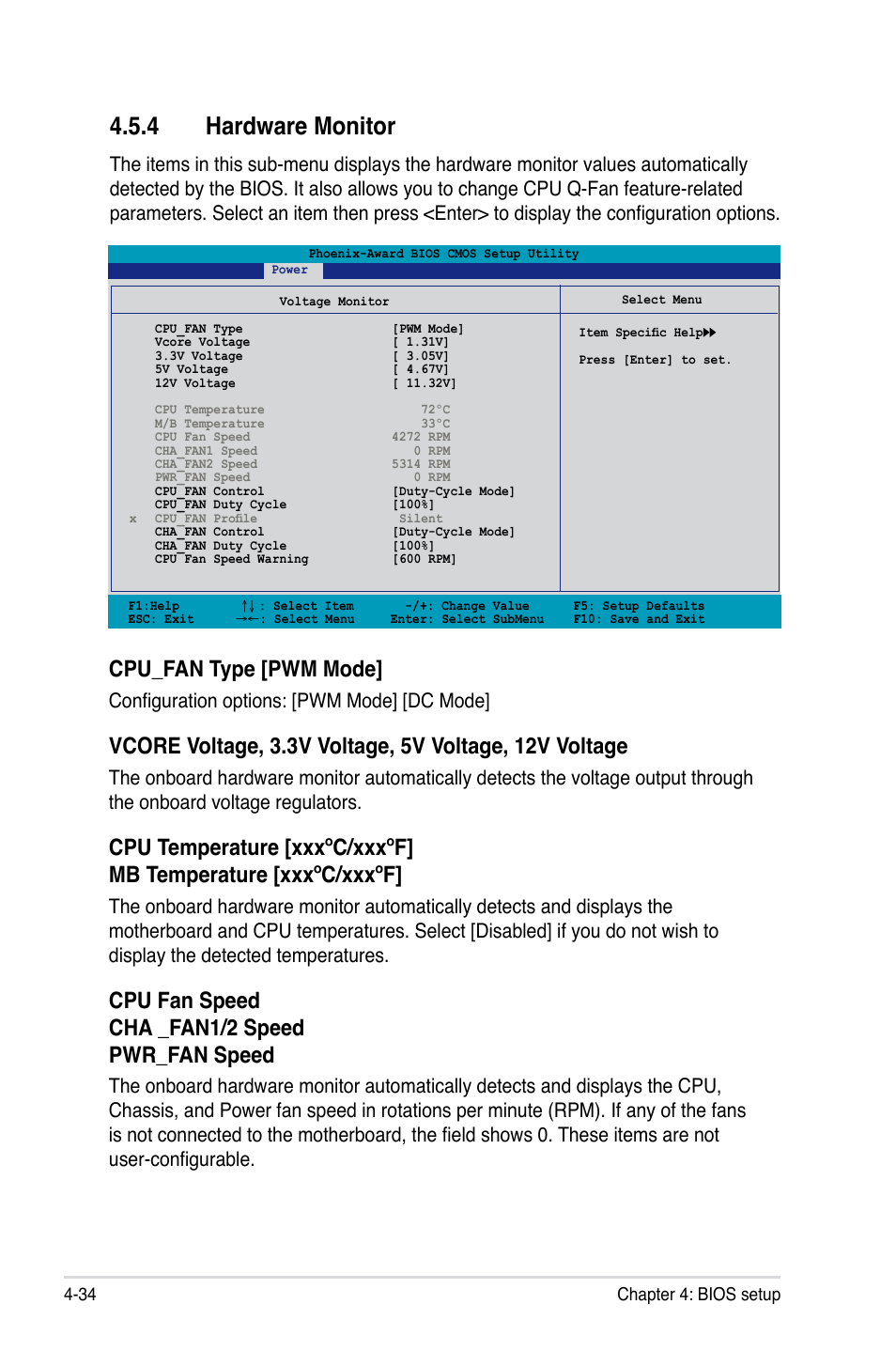 4 hardware monitor, Voltage monitor, Cpu_fan type [pwm mode | Cpu fan speed cha _fan1/2 speed pwr_fan speed, Configuration options: [pwm mode] [dc mode | Asus P5NT WS User Manual | Page 98 / 160