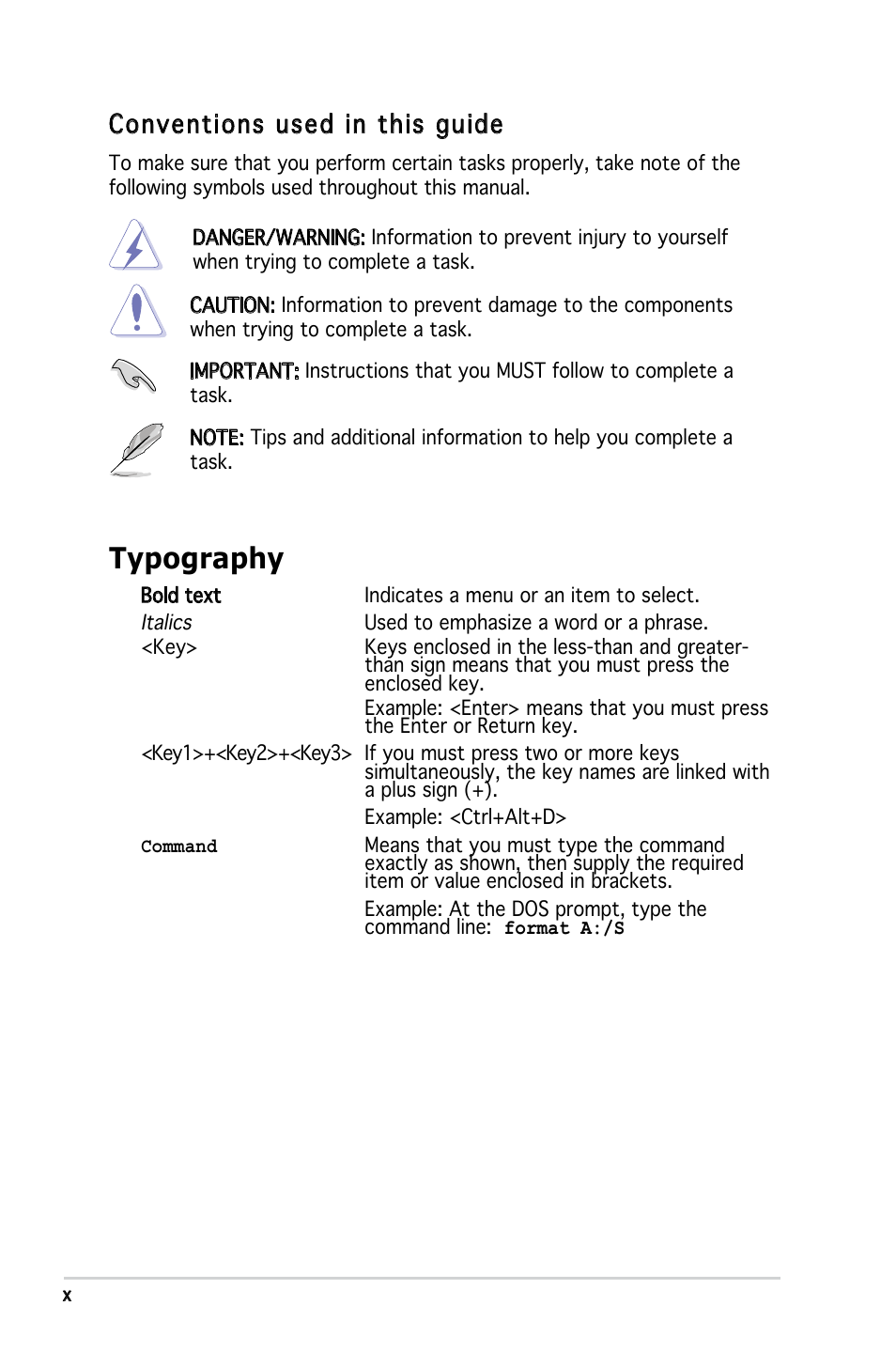 Typography, Conventions used in this guide | Asus KFN4-DRE User Manual | Page 10 / 122