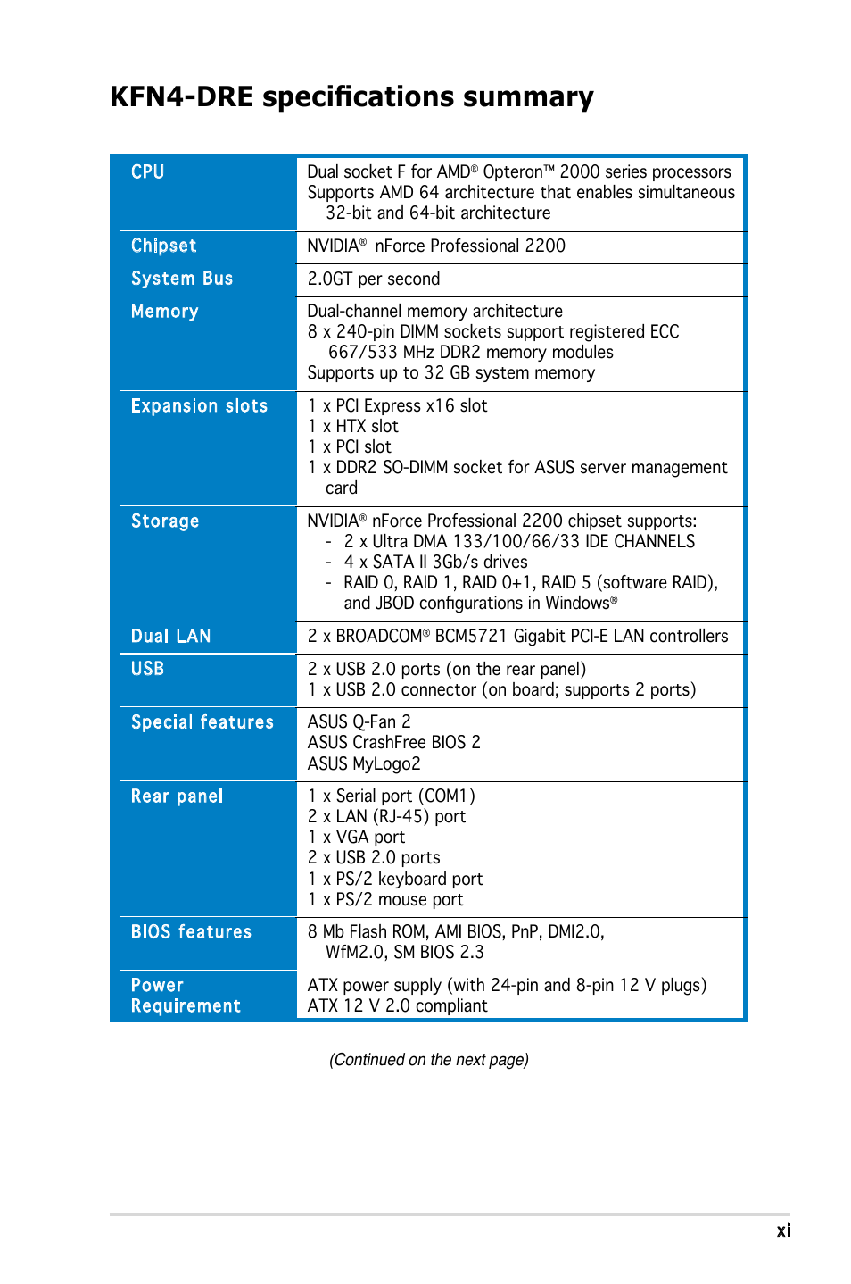 Kfn4-dre specifications summary | Asus KFN4-DRE User Manual | Page 11 / 122