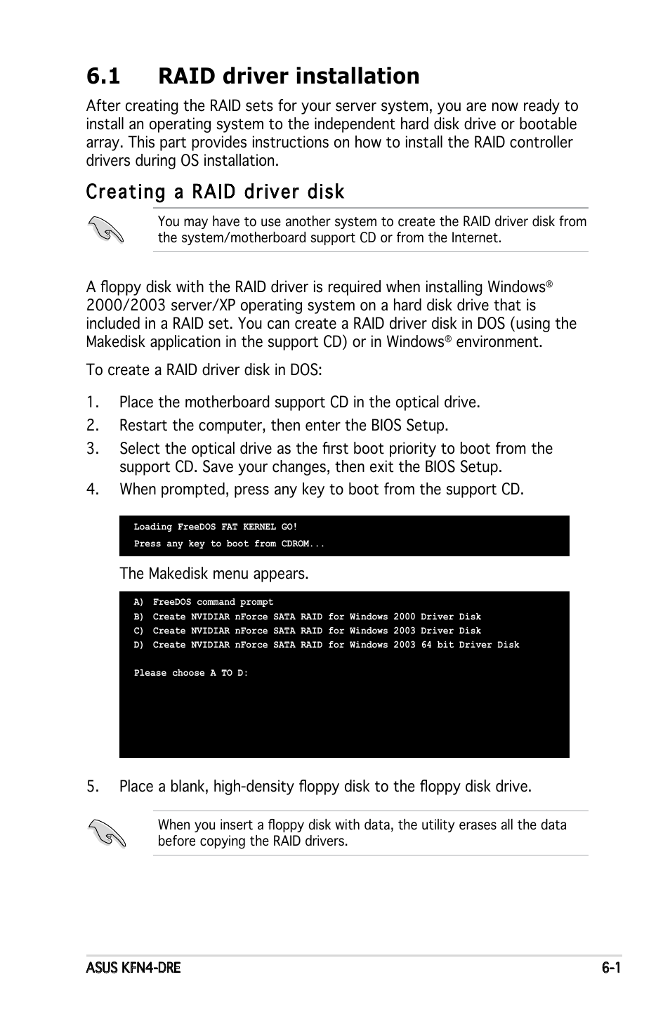 1 raid driver installation, Creating a raid driver disk | Asus KFN4-DRE User Manual | Page 115 / 122