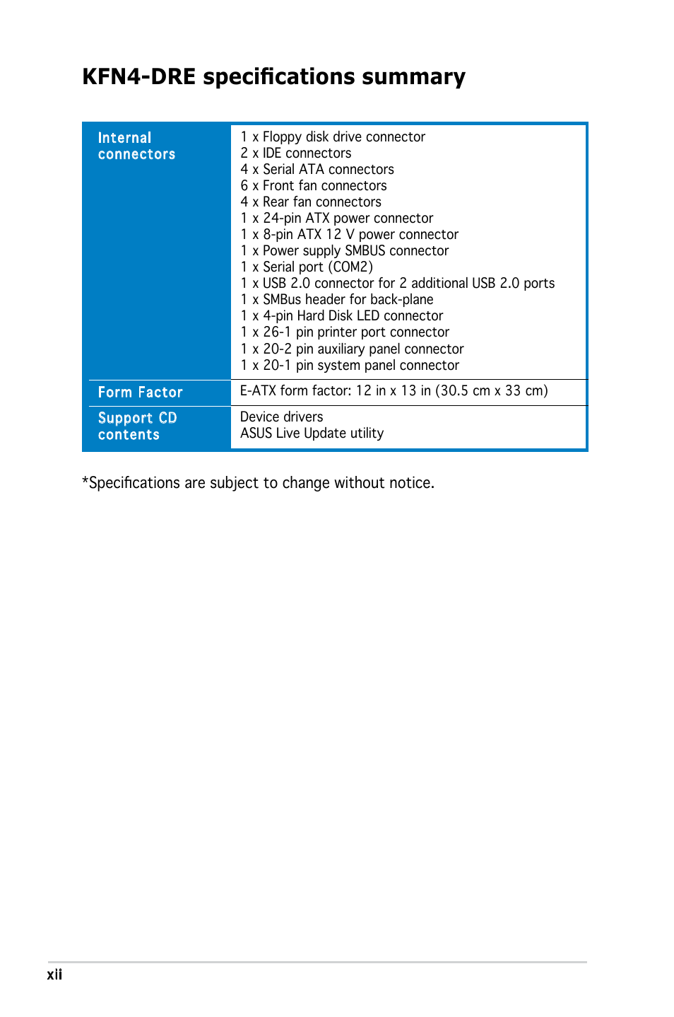Kfn4-dre specifications summary | Asus KFN4-DRE User Manual | Page 12 / 122