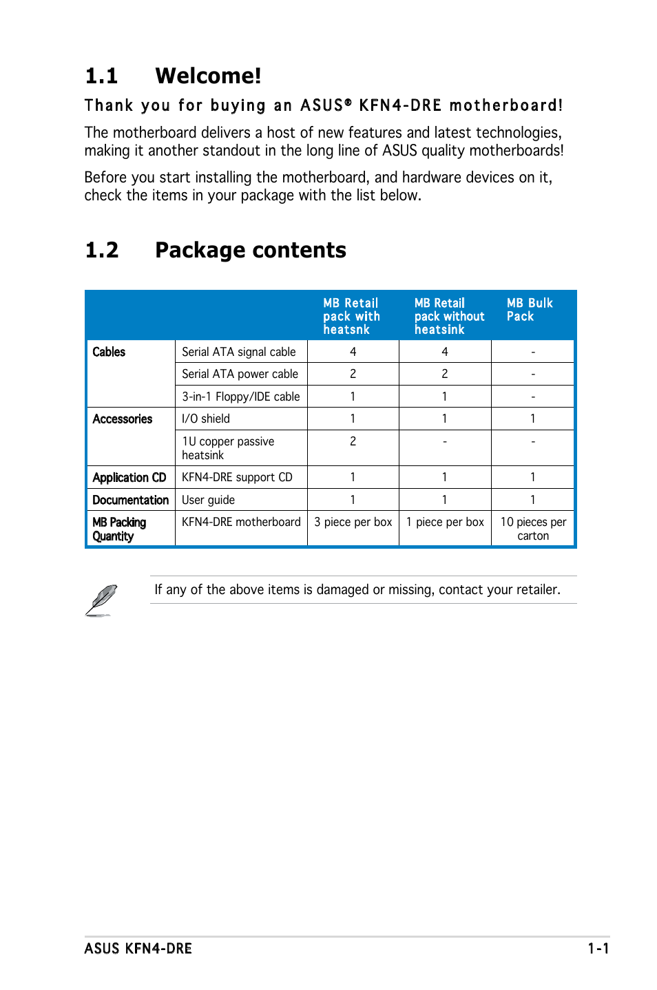 1 welcome, 2 package contents | Asus KFN4-DRE User Manual | Page 15 / 122