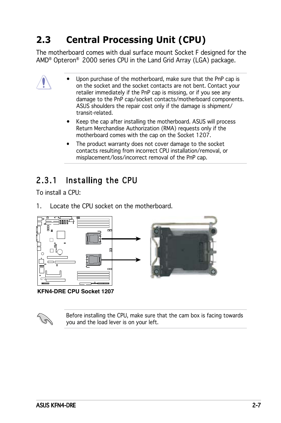 3 central processing unit (cpu), 1 installing the cpu | Asus KFN4-DRE User Manual | Page 27 / 122