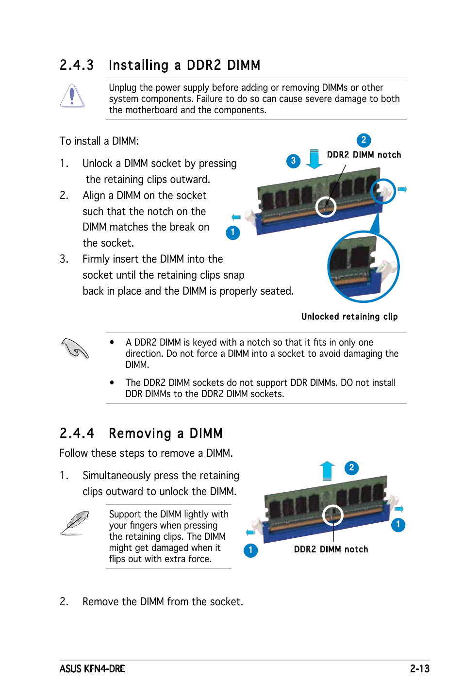 3 installing a ddr2 dimm, 4 removing a dimm | Asus KFN4-DRE User Manual | Page 33 / 122