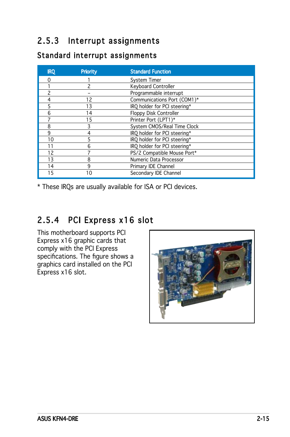 3 interrupt assignments, 4 pci express x16 slot, Standard interrupt assignments | Asus KFN4-DRE User Manual | Page 35 / 122
