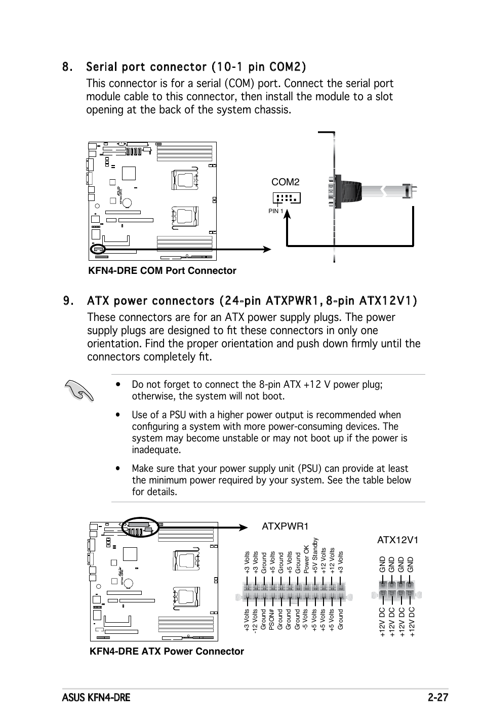 Asus kfn4-dre 2-27, Kfn4-dre com port connector, Com2 | Kfn4-dre atx power connector, Atxpwr1, Atx12v1 | Asus KFN4-DRE User Manual | Page 47 / 122