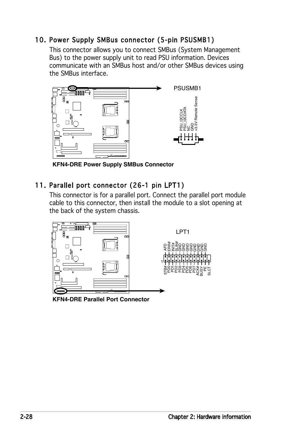 28 chapter 2: hardware information, Kfn4-dre power supply smbus connector psusmb1, Kfn4-dre parallel port connector lpt1 | Asus KFN4-DRE User Manual | Page 48 / 122