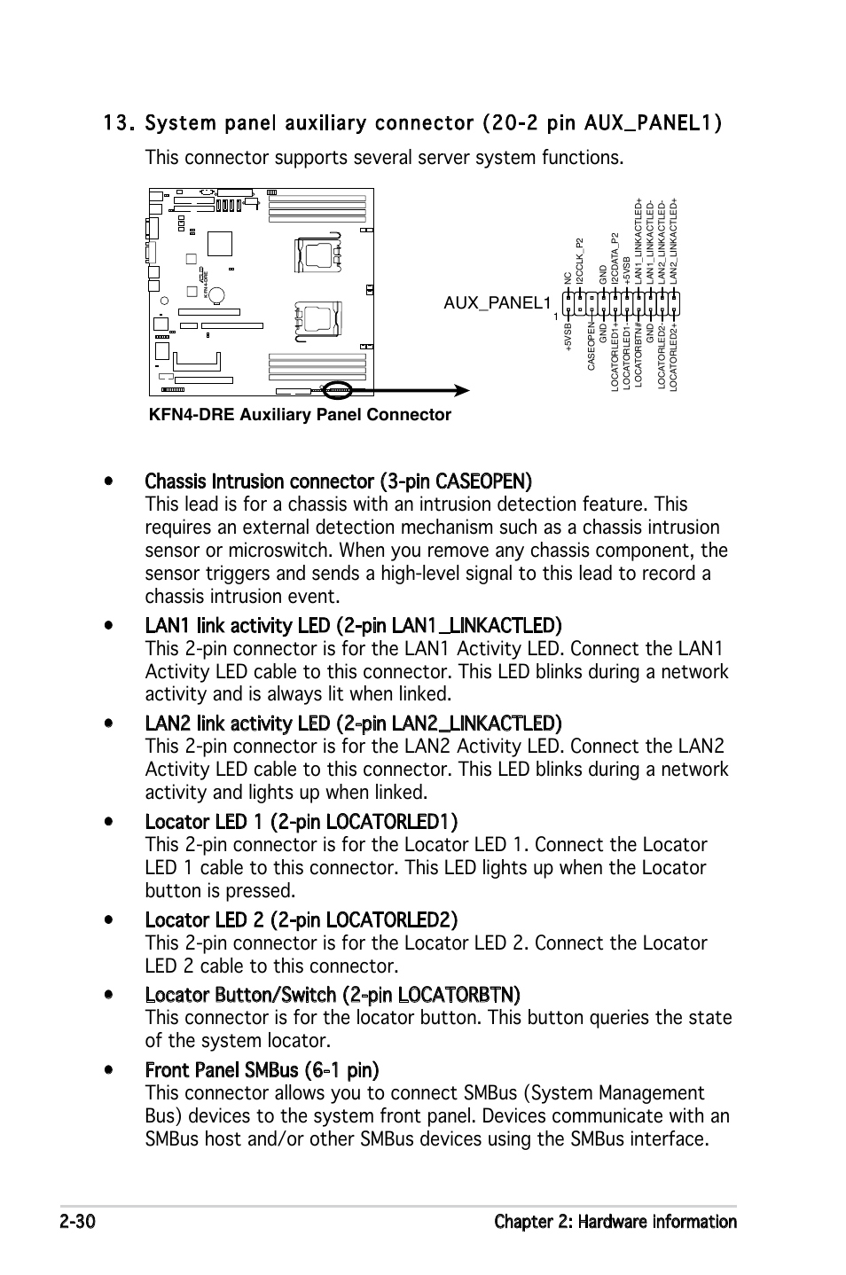 30 chapter 2: hardware information, Kfn4-dre auxiliary panel connector aux_panel1 | Asus KFN4-DRE User Manual | Page 50 / 122