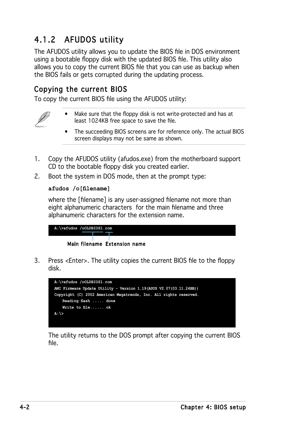 2 afudos utility, Copying the current bios | Asus KFN4-DRE User Manual | Page 60 / 122