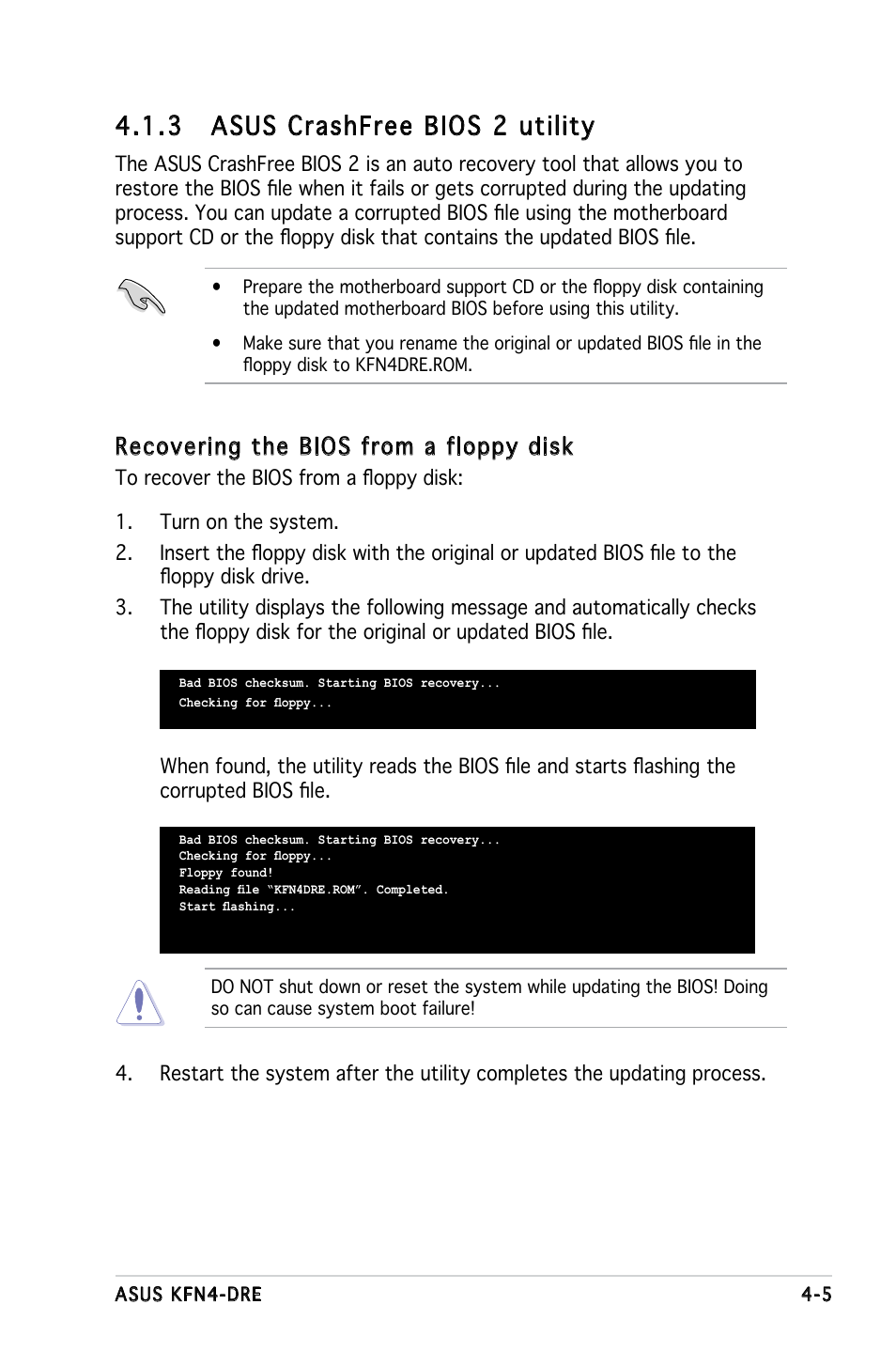3 asus crashfree bios 2 utility, Recovering the bios from a floppy disk | Asus KFN4-DRE User Manual | Page 63 / 122