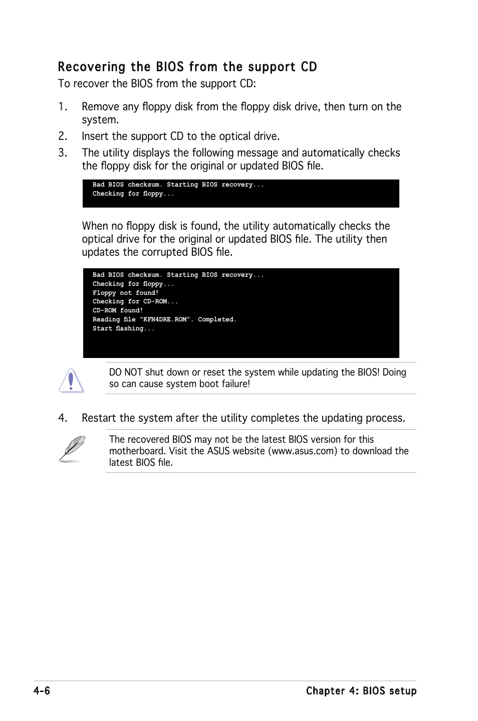 Recovering the bios from the support cd | Asus KFN4-DRE User Manual | Page 64 / 122