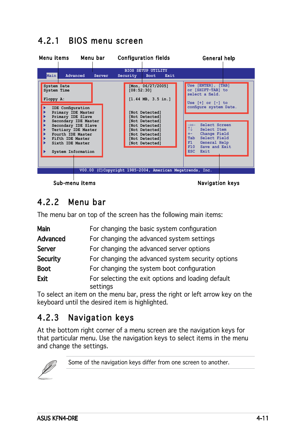 2 menu bar, 3 navigation keys, 1 bios menu screen | Asus KFN4-DRE User Manual | Page 69 / 122