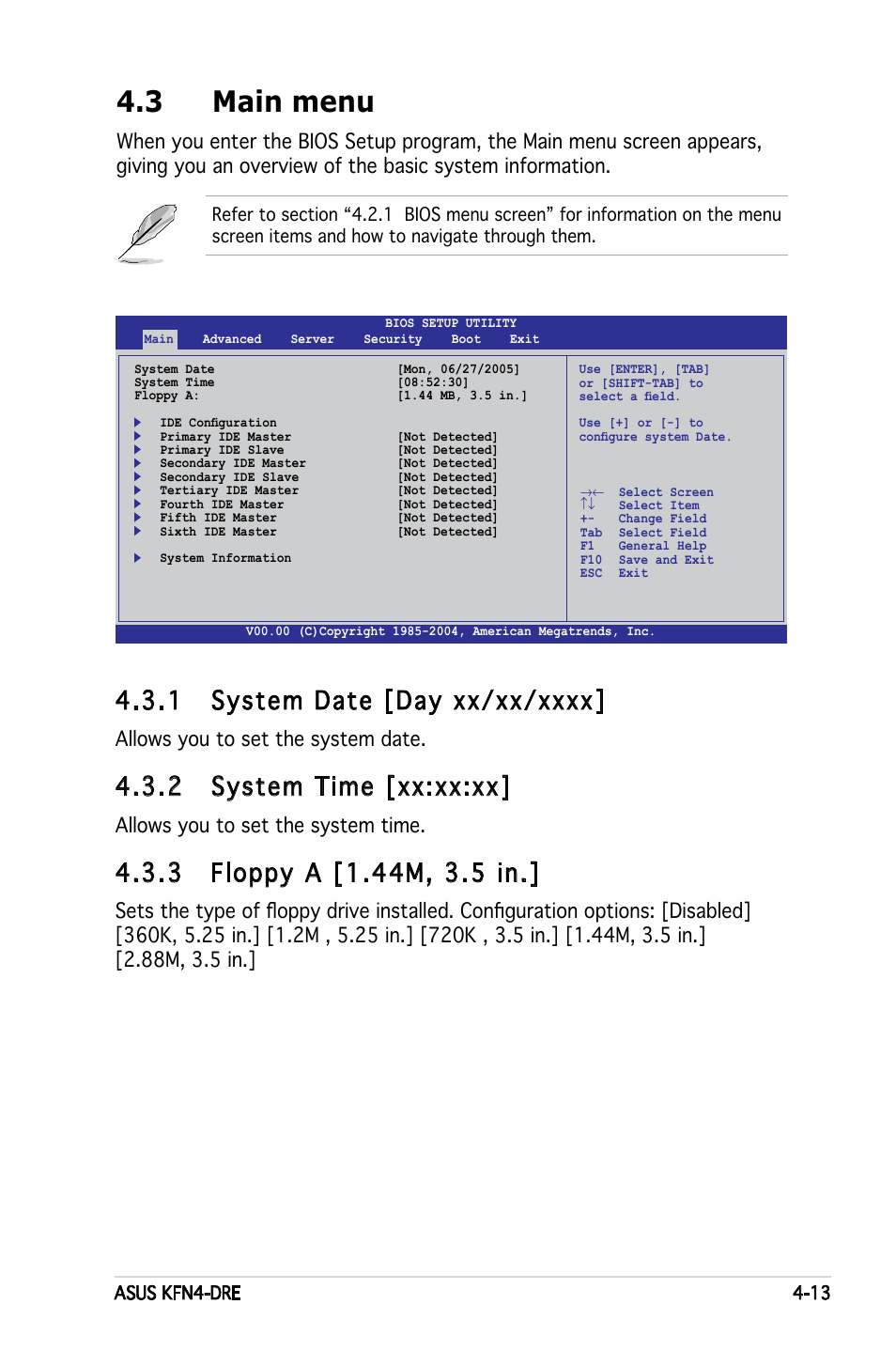 3 main menu, 2 system time [xx:xx:xx, Allows you to set the system date | Allows you to set the system time | Asus KFN4-DRE User Manual | Page 71 / 122