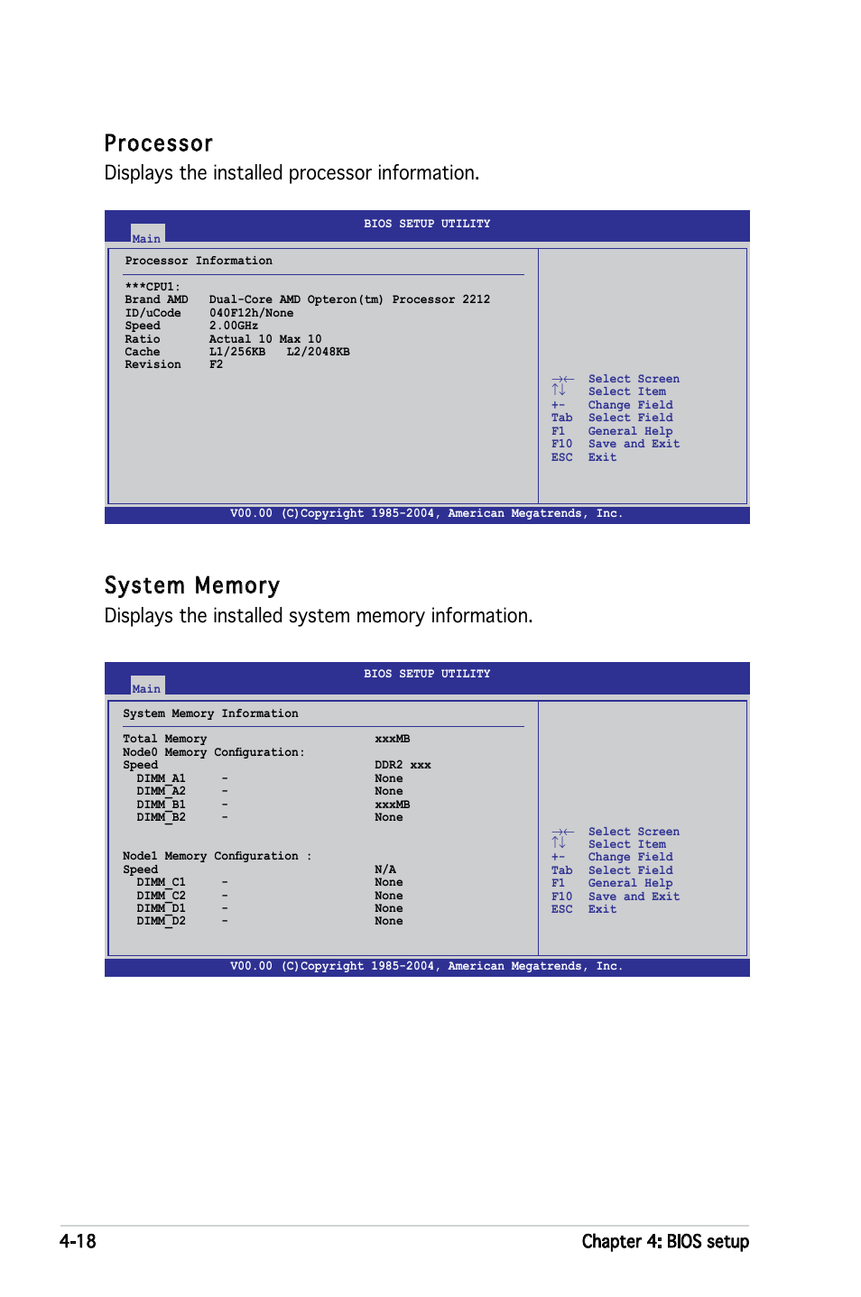 Processor, Displays the installed processor information, 18 chapter 4: bios setup | Asus KFN4-DRE User Manual | Page 76 / 122