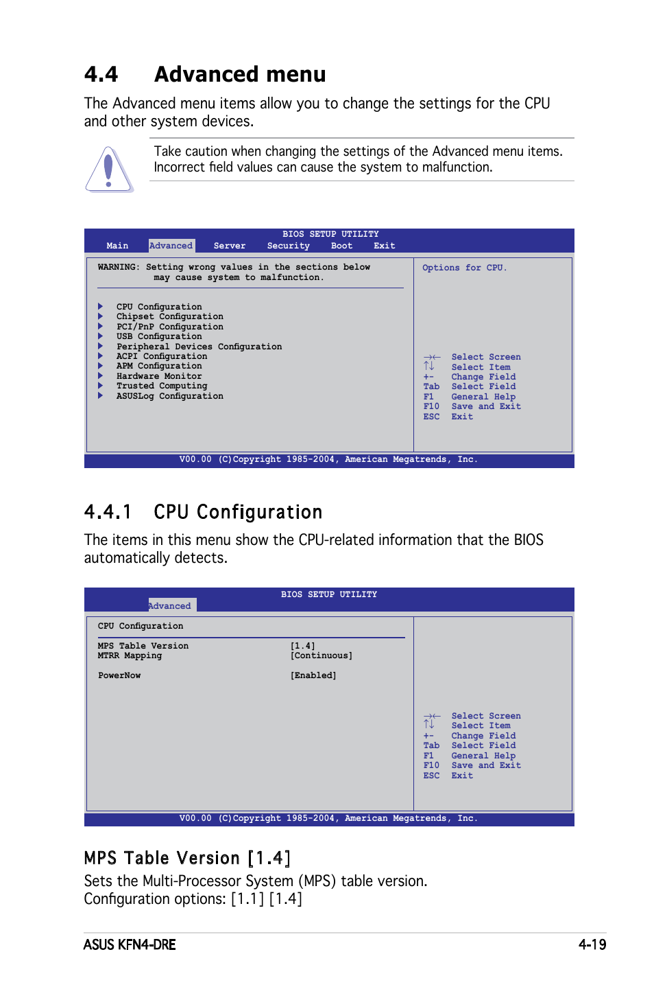 4 advanced menu, 1 cpu configuration, Mps table version [1.4 | Asus KFN4-DRE User Manual | Page 77 / 122