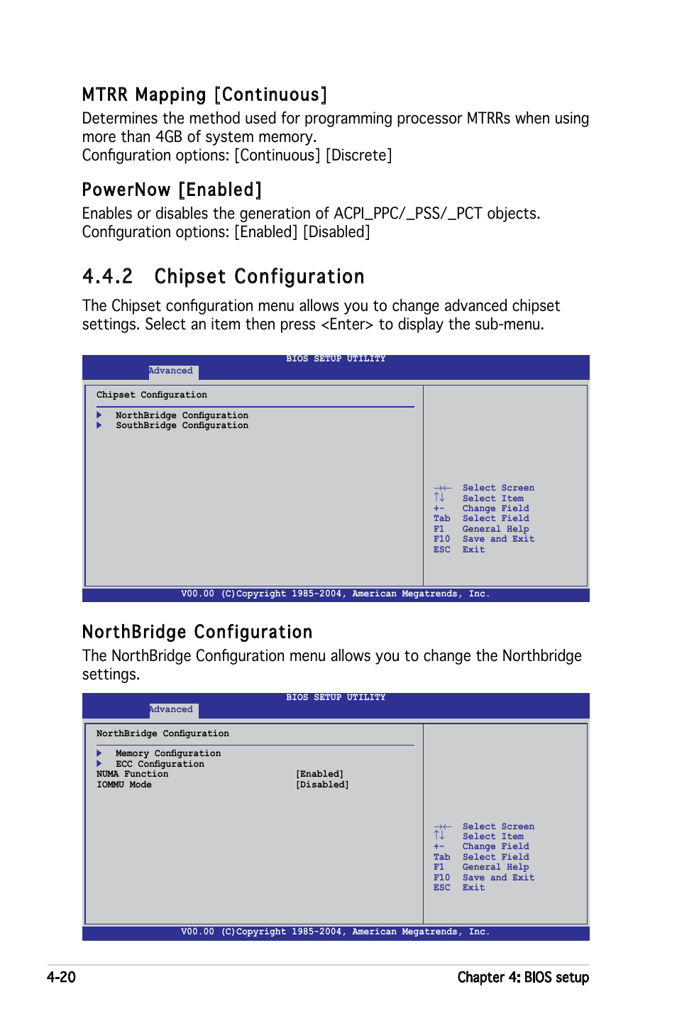 2 chipset configuration, Mtrr mapping [continuous, Powernow [enabled | Northbridge configuration | Asus KFN4-DRE User Manual | Page 78 / 122