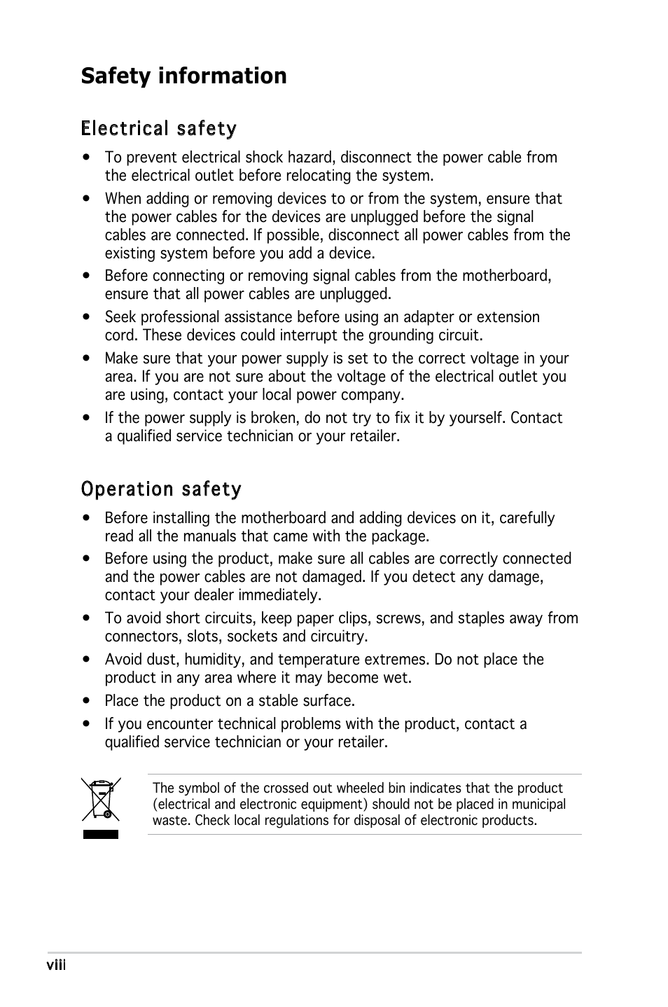 Safety information, Electrical safety, Operation safety | Asus KFN4-DRE User Manual | Page 8 / 122