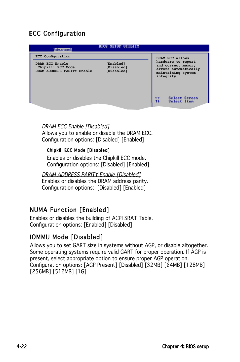 Ecc configuration, Numa function [enabled, Iommu mode [disabled | Asus KFN4-DRE User Manual | Page 80 / 122