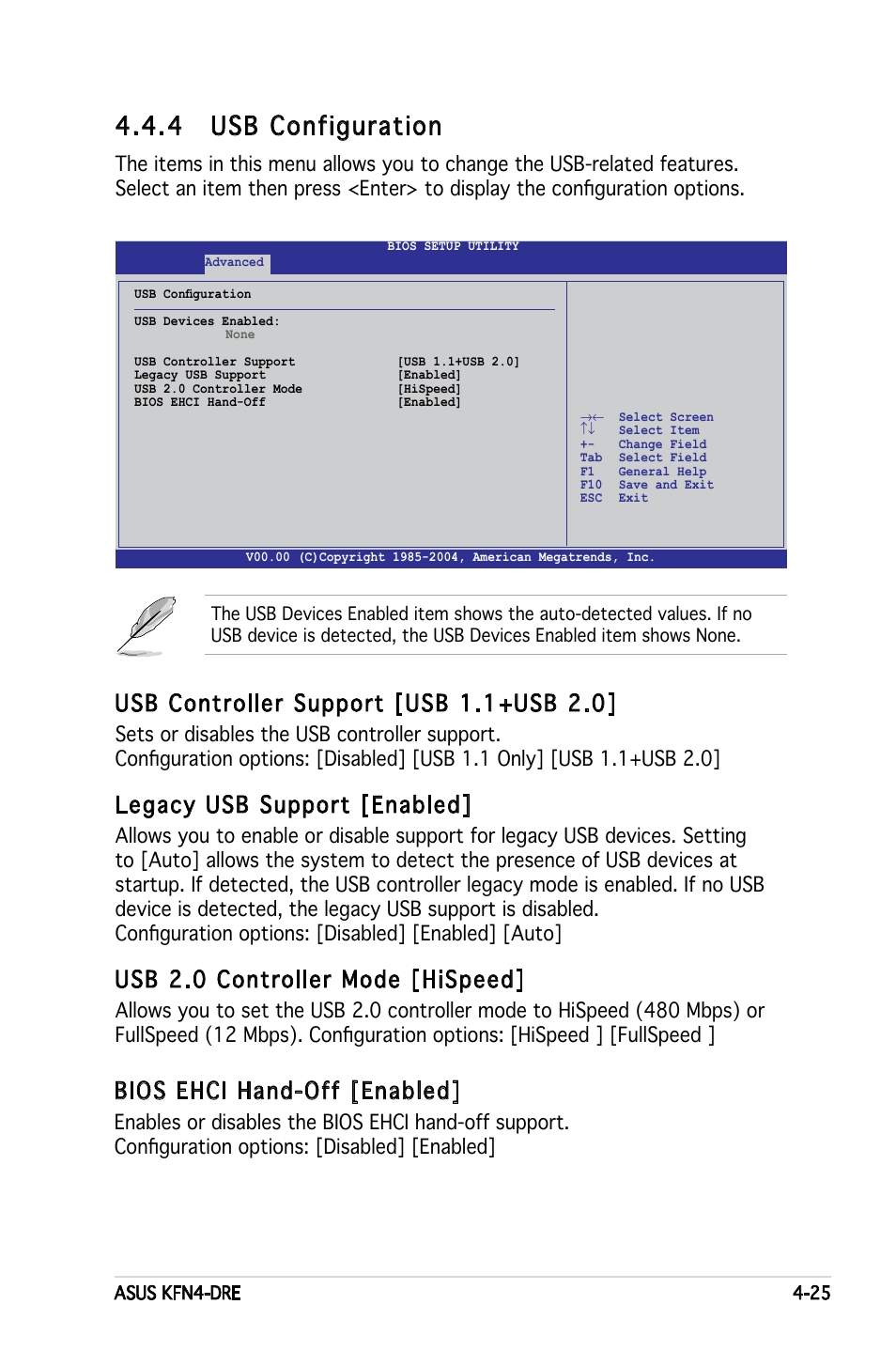 4 usb configuration, Usb controller support [usb 1.1+usb 2.0, Legacy usb support [enabled | Usb 2.0 controller mode [hispeed, Bios ehci hand-off [enabled | Asus KFN4-DRE User Manual | Page 83 / 122