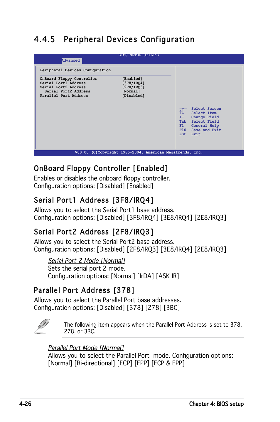 5 peripheral devices configuration, Onboard floppy controller [enabled, Serial port1 address [3f8/irq4 | Serial port2 address [2f8/irq3, Parallel port address [378 | Asus KFN4-DRE User Manual | Page 84 / 122