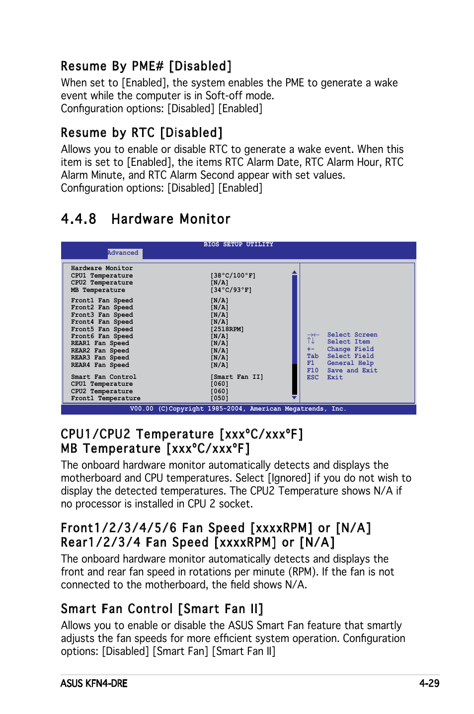 8 hardware monitor, Resume by pme# [disabled, Resume by rtc [disabled | Smart fan control [smart fan ii | Asus KFN4-DRE User Manual | Page 87 / 122