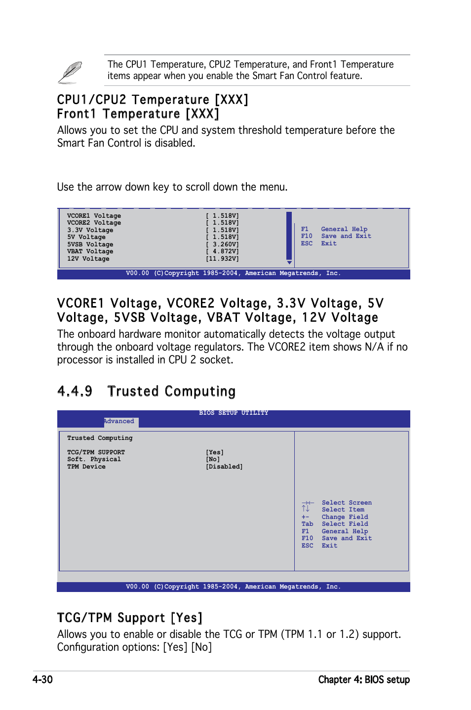 9 trusted computing, Tcg/tpm support [yes, Use the arrow down key to scroll down the menu | Asus KFN4-DRE User Manual | Page 88 / 122