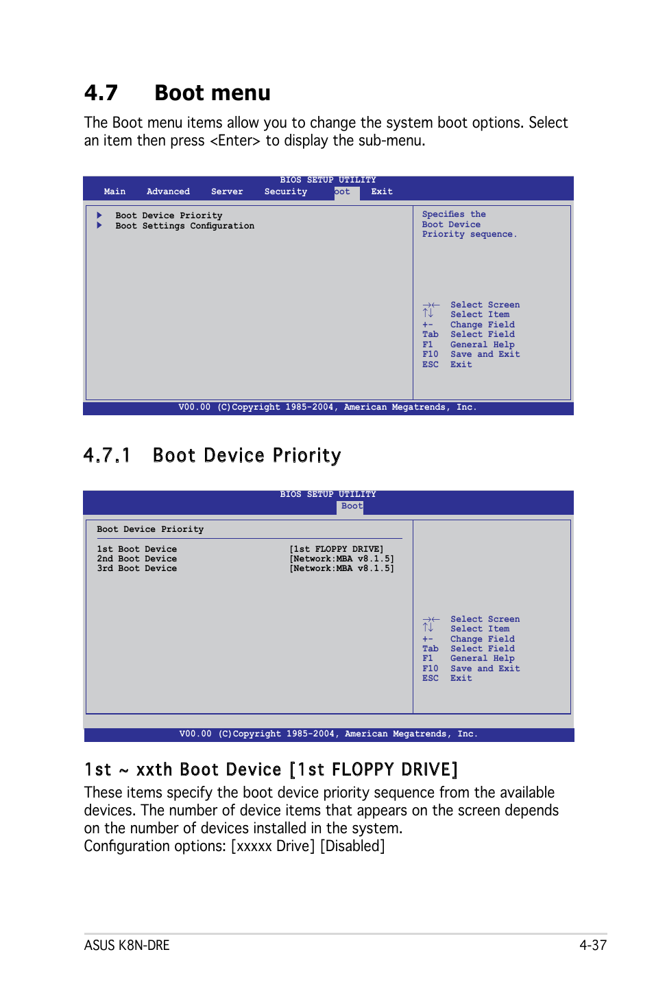 7 boot menu, 1 boot device priority, 1st ~ xxth boot device [1st floppy drive | Asus KFN4-DRE User Manual | Page 95 / 122