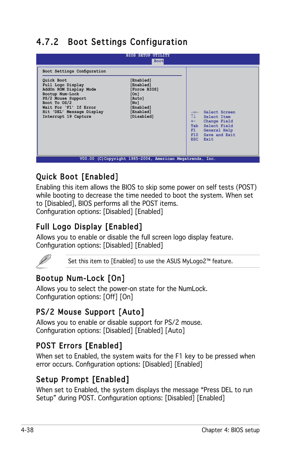 2 boot settings configuration, Quick boot [enabled, Full logo display [enabled | Bootup num-lock [on, Ps/2 mouse support [auto, Post errors [enabled, Setup prompt [enabled | Asus KFN4-DRE User Manual | Page 96 / 122