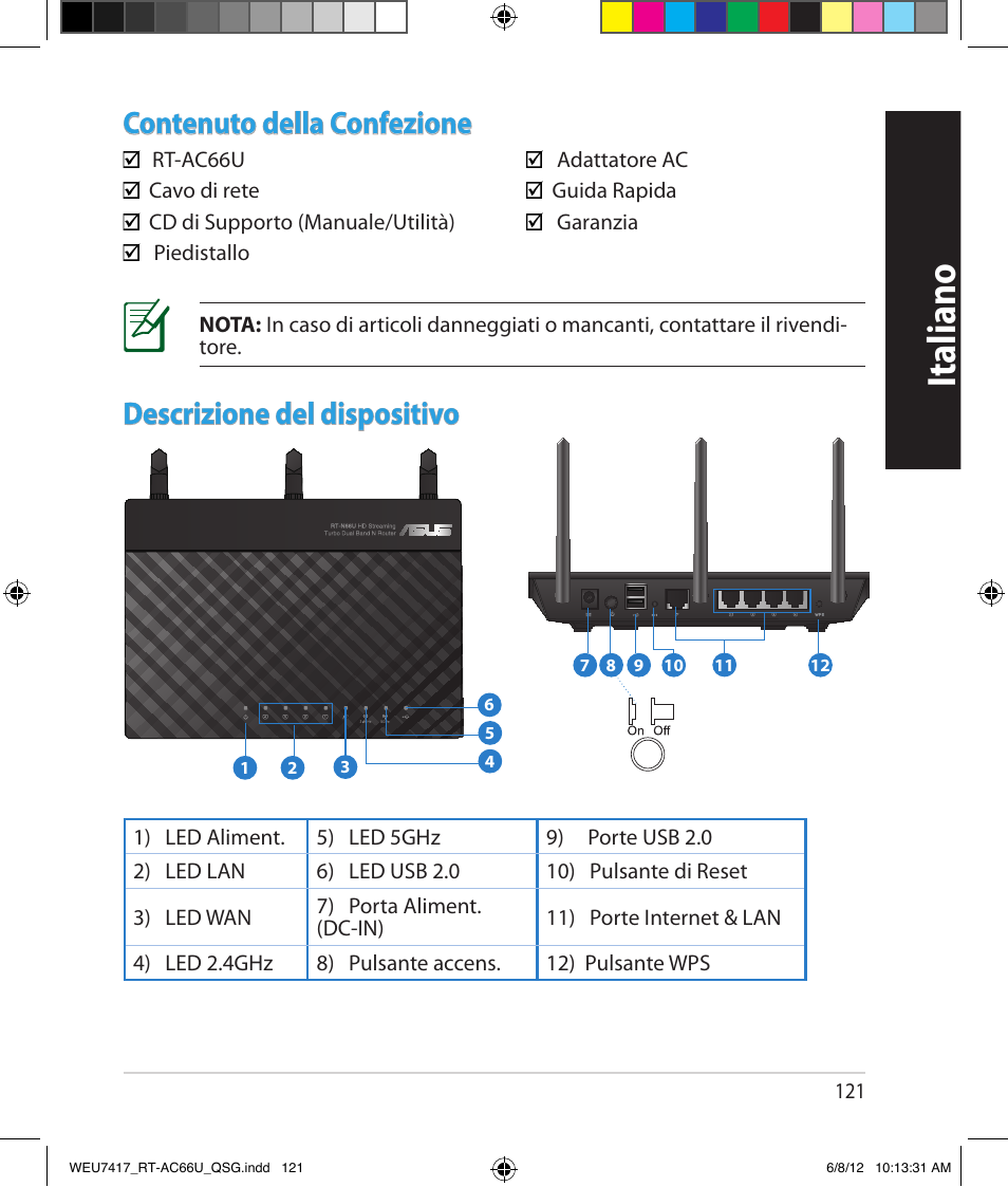 Italiano, Contenuto della confezione, Descrizione del dispositivo | Asus RT-AC66U User Manual | Page 121 / 181