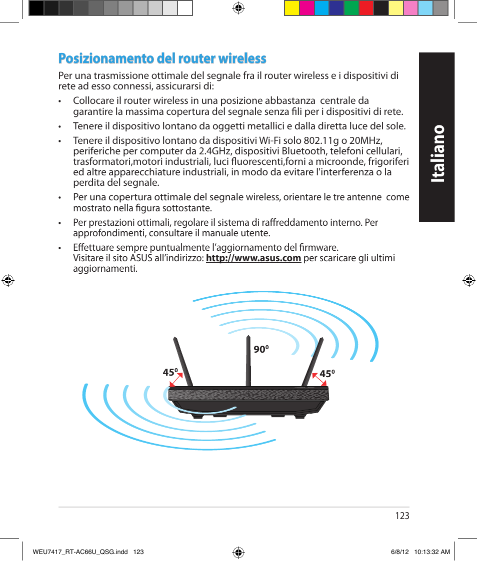 Italiano, Posizionamento del router wireless | Asus RT-AC66U User Manual | Page 123 / 181