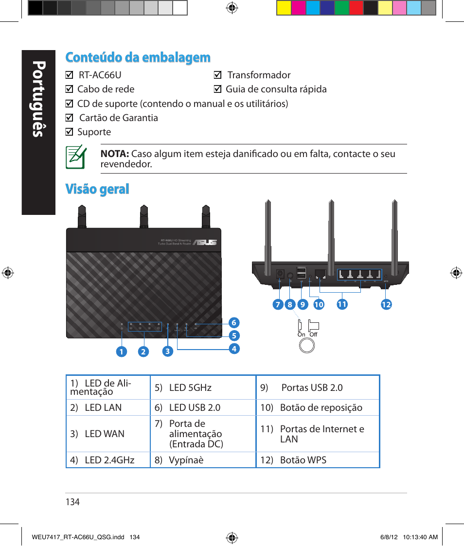 Por tuguês, Conteúdo da embalagem, Visão geral | Asus RT-AC66U User Manual | Page 134 / 181