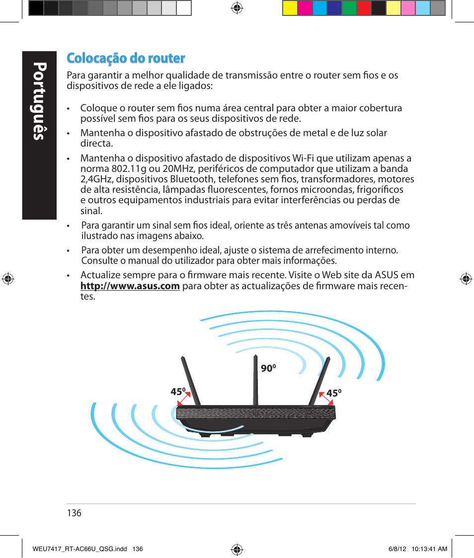 Por tuguês, Colocação do router | Asus RT-AC66U User Manual | Page 136 / 181