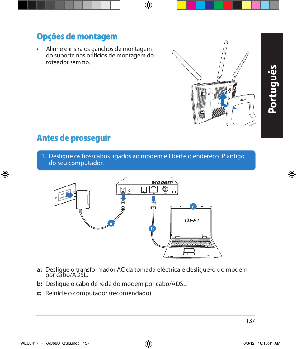 Por tuguês, Opções de montagem, Antes de prosseguir | Asus RT-AC66U User Manual | Page 137 / 181