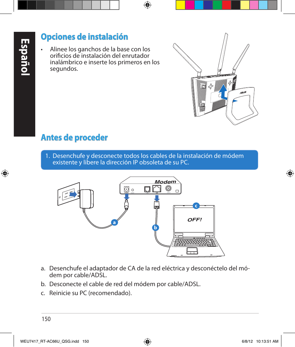 Español, Opciones de instalación, Antes de proceder | Asus RT-AC66U User Manual | Page 150 / 181