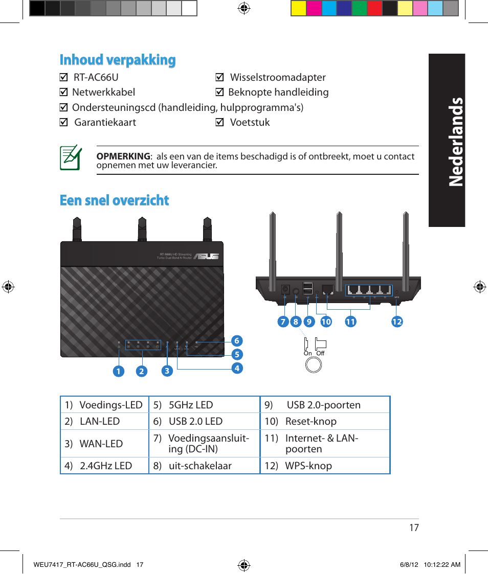 Neder lands, Inhoud verpakking, Een snel overzicht | Asus RT-AC66U User Manual | Page 17 / 181