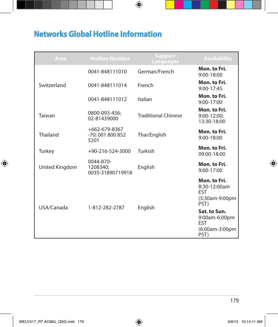 Networks global hotline information | Asus RT-AC66U User Manual | Page 179 / 181