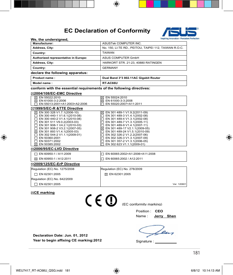 Ec declaration of conformity | Asus RT-AC66U User Manual | Page 181 / 181