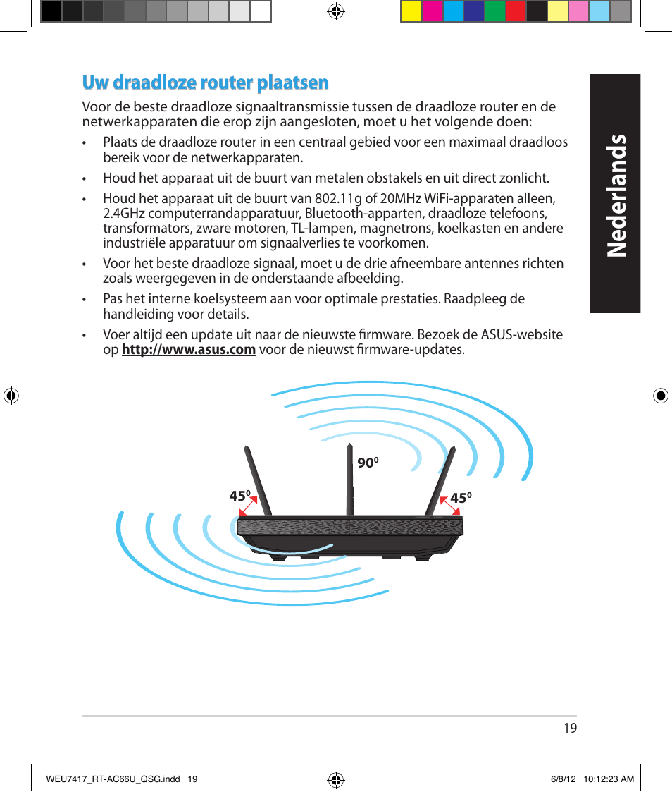 Neder lands, Uw draadloze router plaatsen | Asus RT-AC66U User Manual | Page 19 / 181