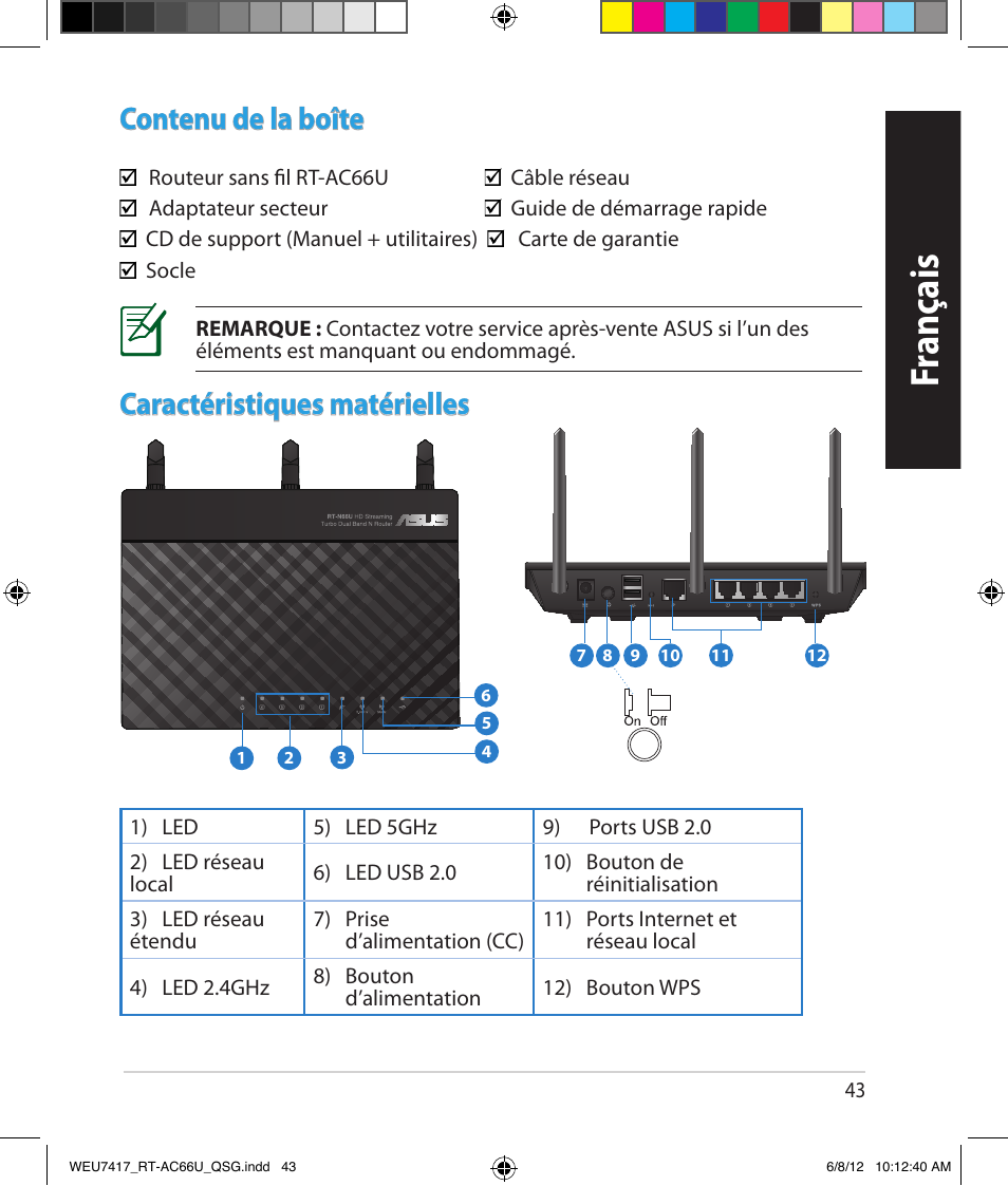 Fr anç ais, Contenu de la boîte, Caractéristiques matérielles | Asus RT-AC66U User Manual | Page 43 / 181