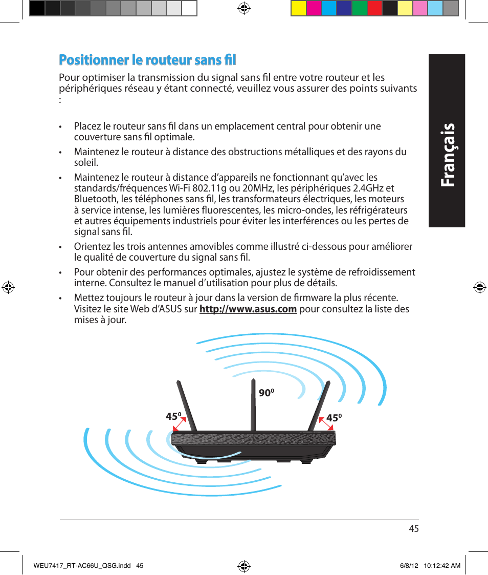 Fr anç ais, Positionner le routeur sans fil | Asus RT-AC66U User Manual | Page 45 / 181