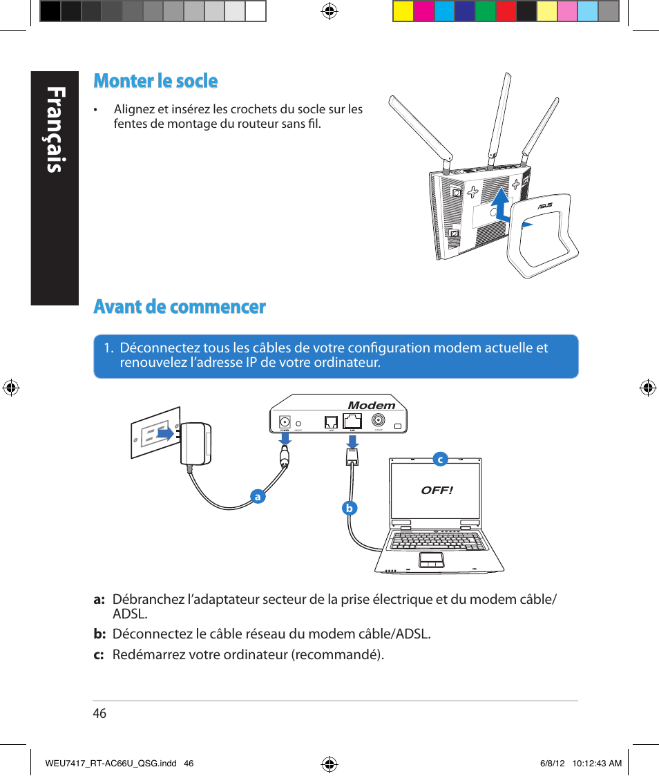 Franç ais, Monter le socle, Avant de commencer | Asus RT-AC66U User Manual | Page 46 / 181