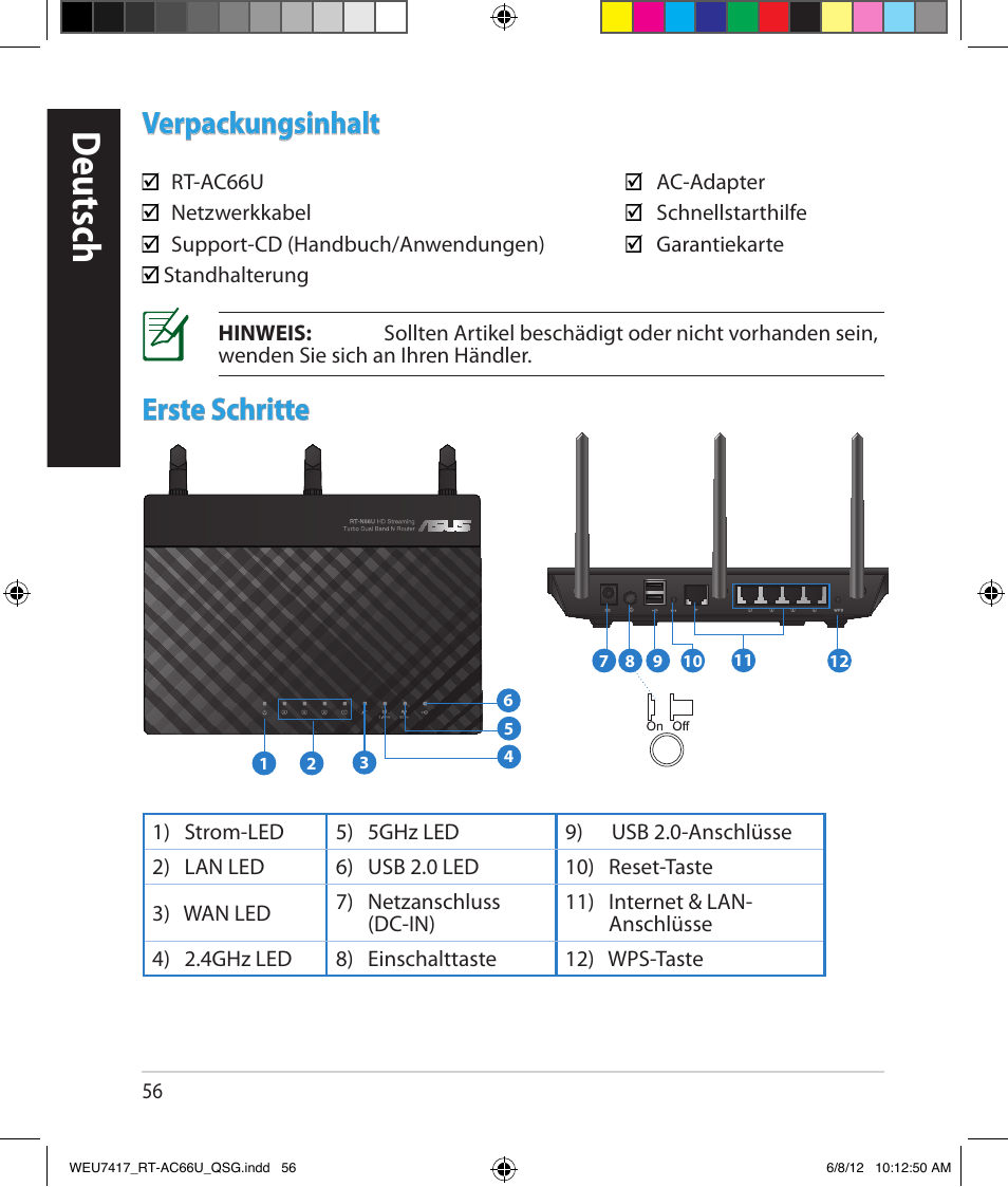 Deutsch, Verpackungsinhalt, Erste schritte | Asus RT-AC66U User Manual | Page 56 / 181