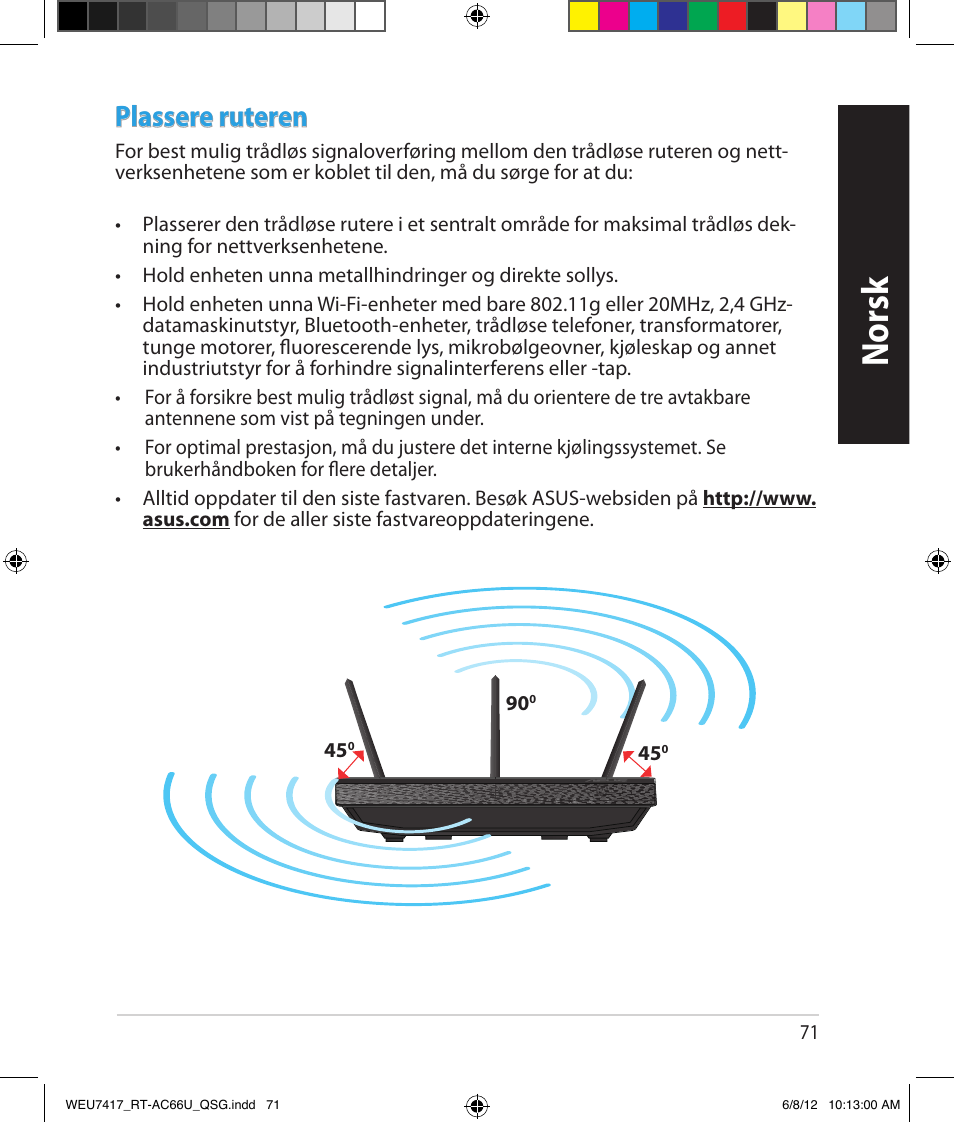 Norsk, Plassere ruteren | Asus RT-AC66U User Manual | Page 71 / 181