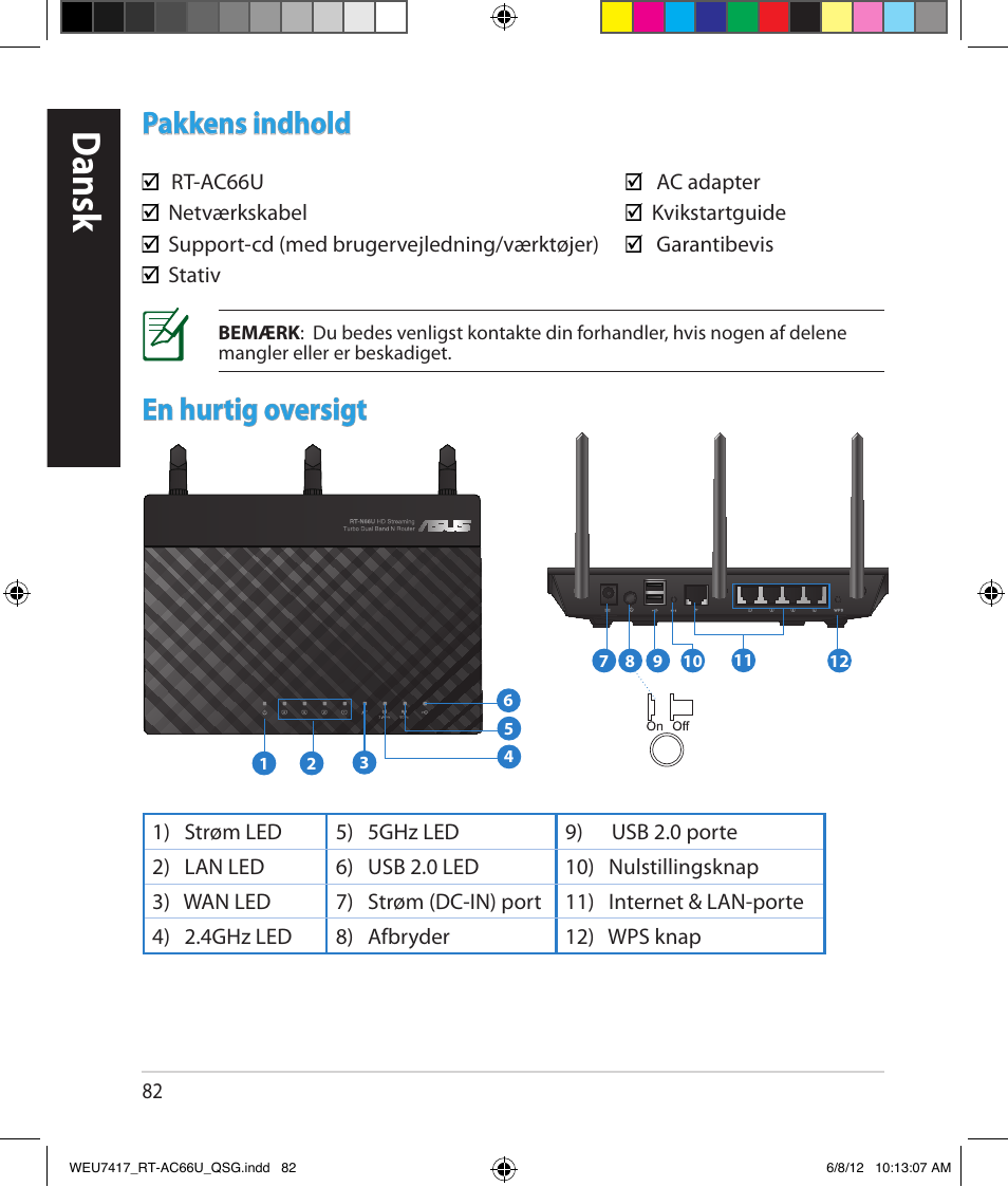 Dansk, Pakkens indhold, En hurtig oversigt | Asus RT-AC66U User Manual | Page 82 / 181