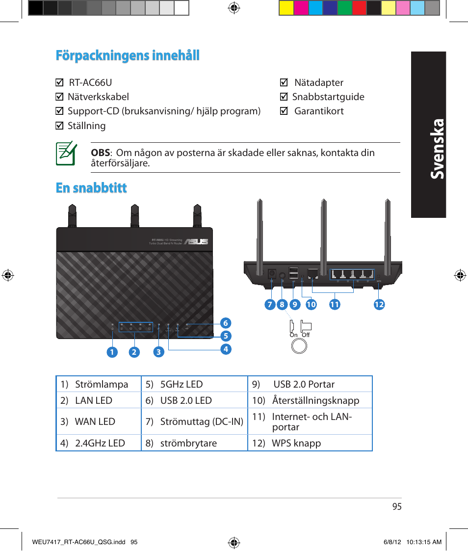 Sv ensk a, Förpackningens innehåll, En snabbtitt | Asus RT-AC66U User Manual | Page 95 / 181