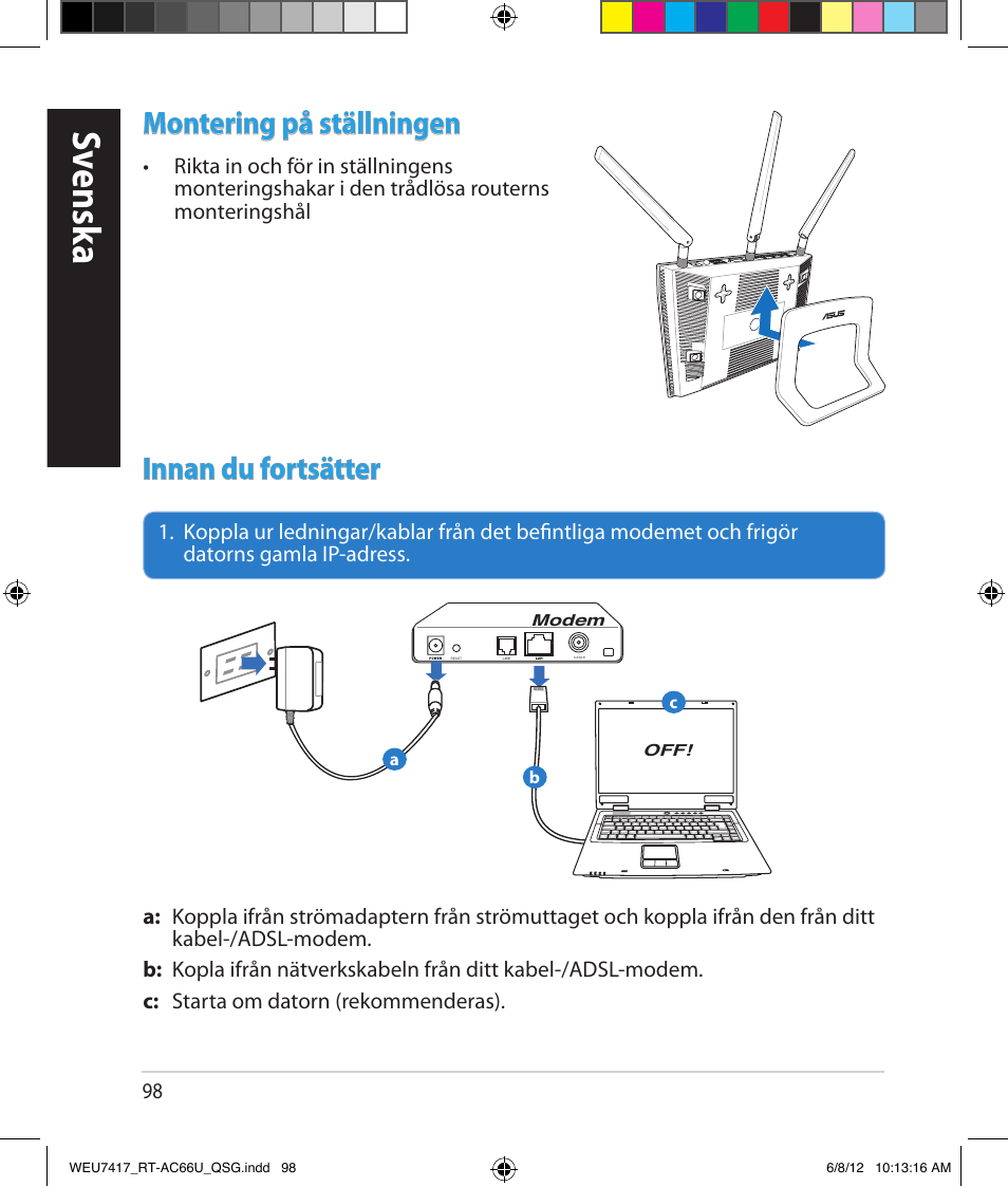 Sv ensk a, Montering på ställningen, Innan du fortsätter | Asus RT-AC66U User Manual | Page 98 / 181