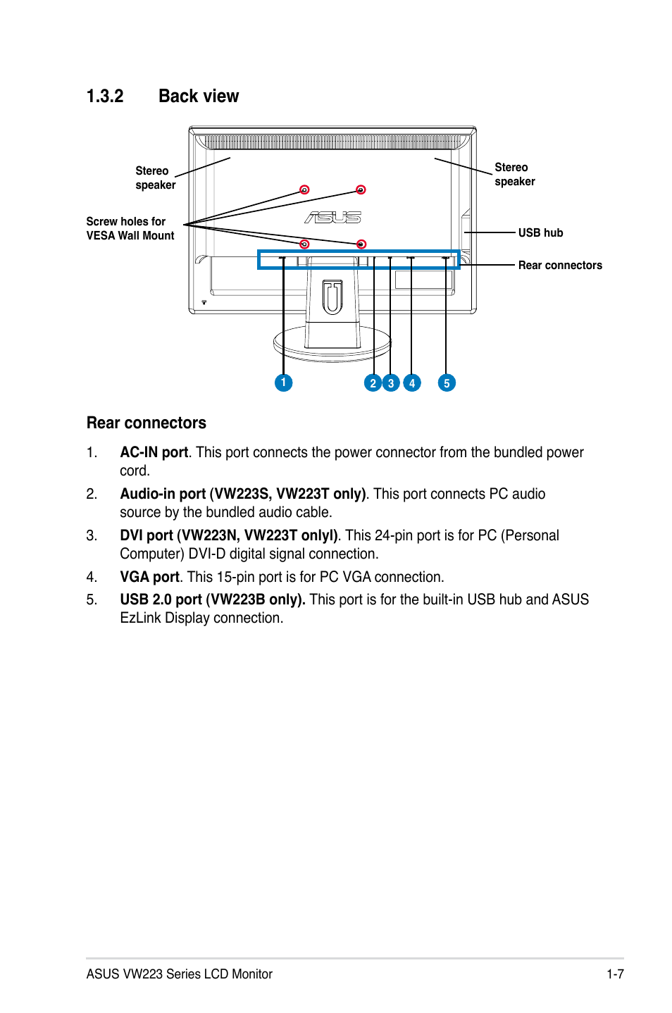 2 back view, Back view -7, Rear connectors | Asus VW223T User Manual | Page 15 / 30
